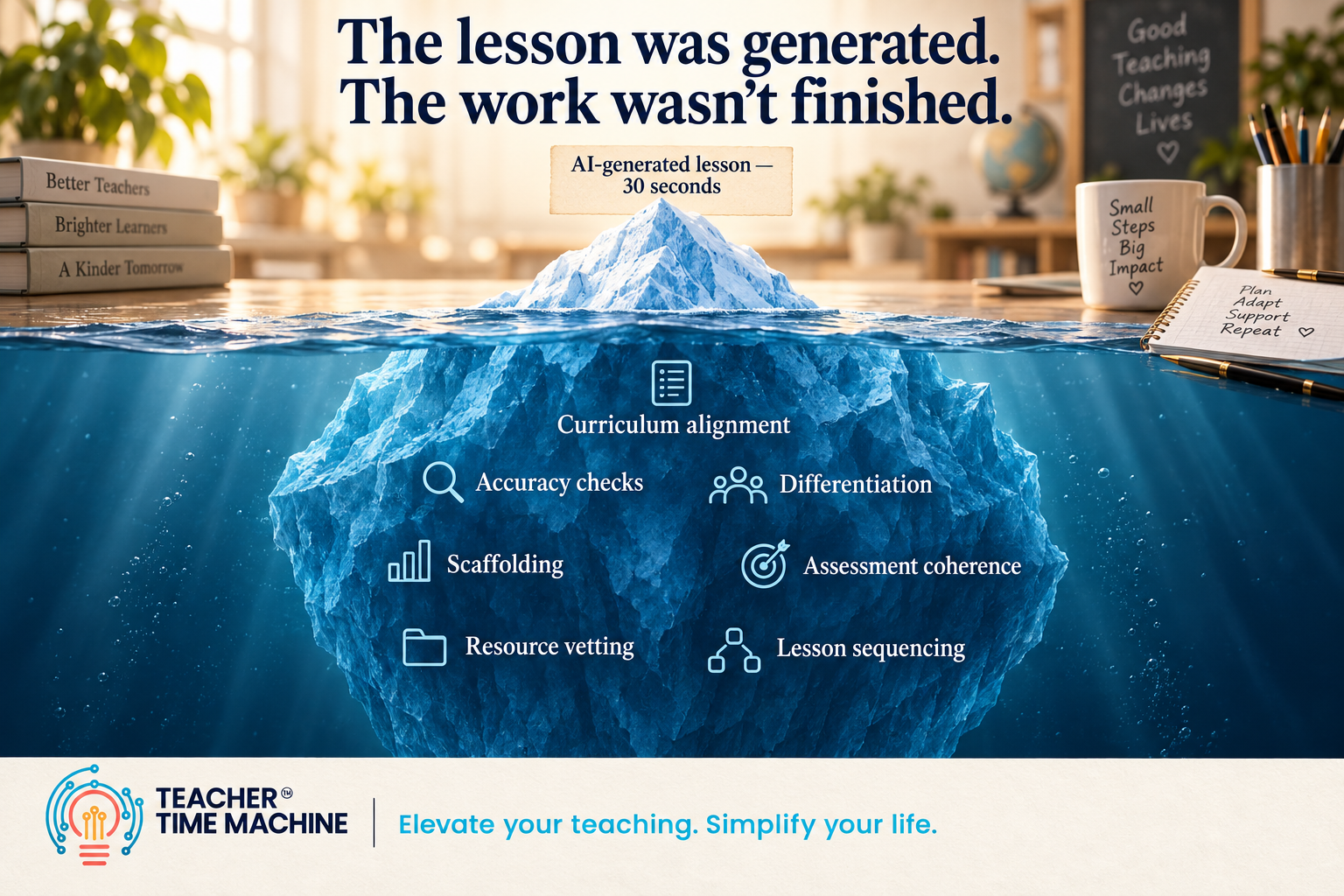 planning iceberg” graphic:  Above the water: A small card reading AI-generated lesson — 30 seconds.  Below the water: A much larger section containing Curriculum alignment, Accuracy checks, Differentiation, Scaffolding, Assessment coherence, Resource vetting, and Lesson sequencing.  Headline: The lesson was generated. The work wasn’t finished.  Footer: Official TTM logo and Elevate your teaching. Simplify your life.